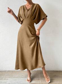 RosyDaze V-Neck Pleated Batwing Sleeve Dress Maxi Women Outfit - Apricot - View 5