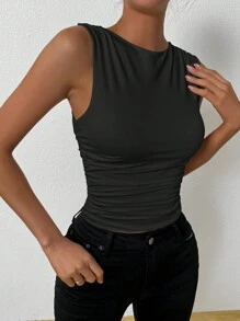 SHEIN ChicEase Ladies' Solid Color Round Neck Pleated Tank Top - Black - View 4