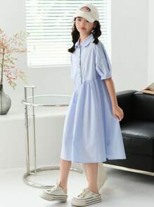 SHEIN 補間女孩寬鬆休閒翻領不對稱下擺泡泡袖中長連身裙 - 霧霾藍 - 查看 6