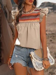 EMERY ROSE Women's Geometric Printed Round Neck Cap Sleeve Blouse Tops - Apricot - View 1