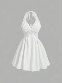 SHEIN MOD Women's Plus Size White Halter Hollow Out Back Tassel Tie A-Line Sundress  Country Concert Outfit Country Dress