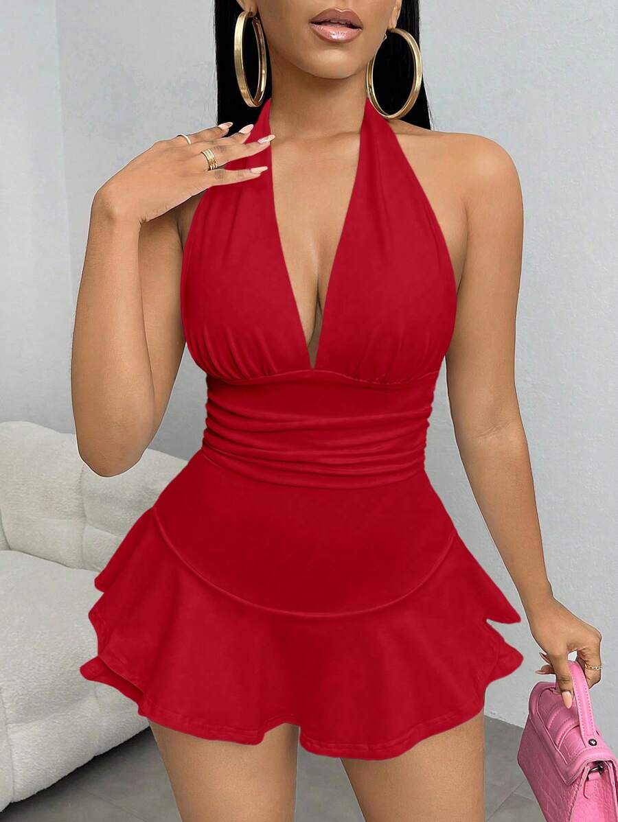 SHEIN SXY 女士时尚红色深 V 领露背紧身衣（带裙子） - 紅色 - 查看 1