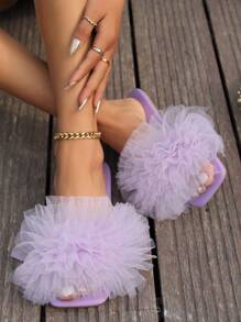 Women's Purple Spring/Summer Fashionable Flat Sandals With Pleated Mesh Sheer, Peep Toe, Comfortable Square Toe