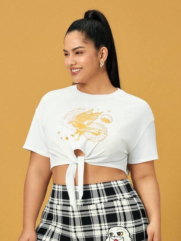 HARRY POTTER X SHEIN Plus  Ravenclaw Foil Graphic Knot Hem Crop White T-Shirt