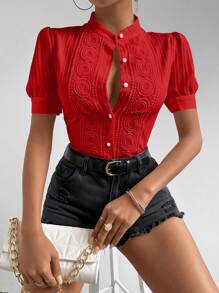 RosyDaze Women's Fashionable Red Short Sleeve Button-Down Shirt For New Year Clothes - Red - View 1