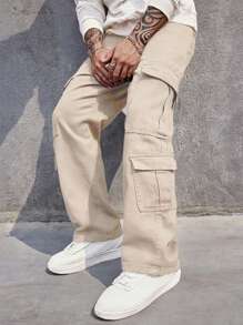 Manfinity Homme Calça Denim Cargo Masculina com Bolso Lateral com Aba