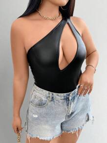 Allurite Plus Size One-Shoulder Hollow Out Bodycon Bodysuit - Black - View 5