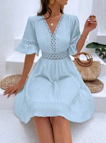 SHEIN Holidaya Solid V-Neck Dress With Random Floral Pattern - Baby Blue - View 1
