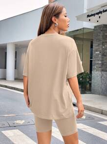 SHEIN EZwear Letter Print Drop-Shoulder T-Shirt And Cycling Shorts Knit Set - Khaki - View 2