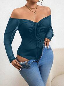 SHEIN Clasi Kích thước lớn Của phụ nữ Màu thuần Dây rút Off Shoulder Tay áo dài Áo liền quần chặt - Màu xanh ngọc - Xem 4