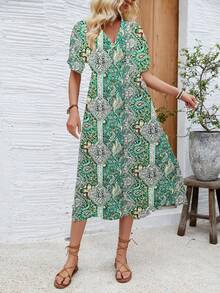 EMERY ROSE 女士印花 Paisley 圖案 V領短袖連身裙 - 彩色 - 查看 5