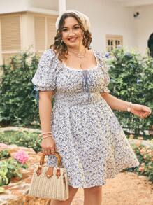 Dreamara Plus Size Floral Print Dress With Gathered Waist - Blue - View 1