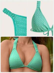 SHEIN Swim Bộ bikini cổ yếm màu trơn đi biển mùa hè - trắng - Xem 4