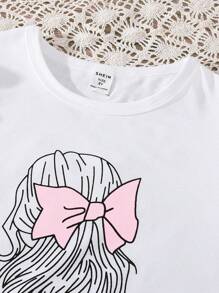 SHEIN Tween Girl Figure Print Tee & Belted Button Front Skirt - Multicolor - View 3