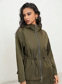 Anewsta 女性實色束腰拉鍊前開式連帽休閒外套 - 酒紅色 - 查看 1