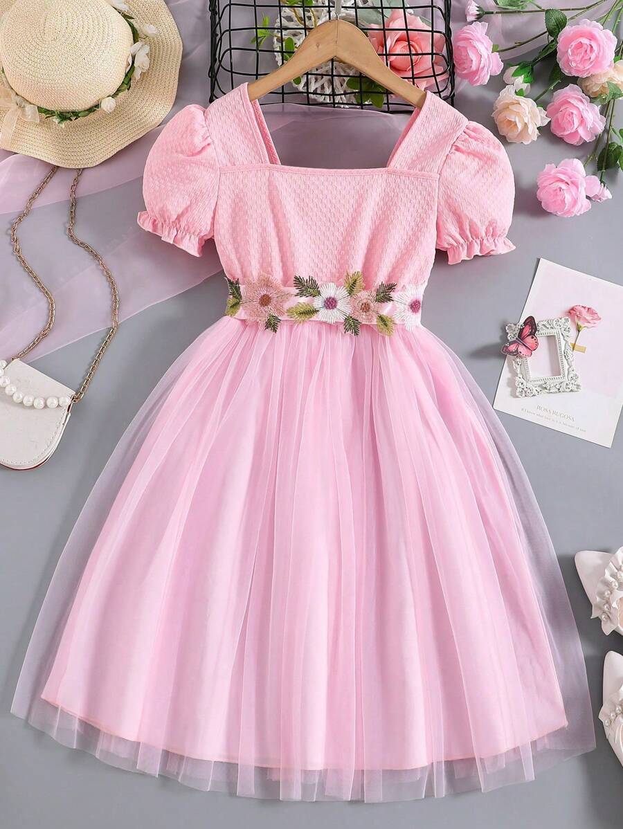 Váy công chúa màu hồng thắt lưng thêu hoa ngắn tay cho bé gái Tween, Đầm dự tiệc thanh lịch ngày lễ - Hồng - Xem 1