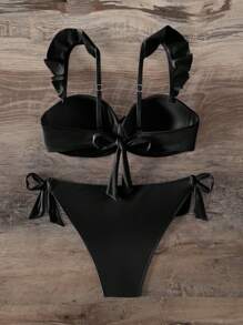 SHEIN Swim 夏季海灘女士純色交叉波浪袖比基尼游泳服 - 黑色 - 查看 4