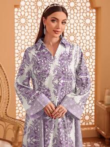 Al Najma 女式佩斯利印花喇叭袖阿拉伯连衣裙，端庄 - 紫色 - 查看 3