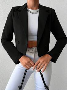 EURMUSE Ladies Solid Color Long Sleeve Short Casual Suit Jacket With Double-Breasted Buttons - Black - View 5