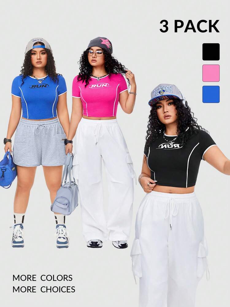 Plus Size Set Of T-Shirts With Letter Print & Color Block Splicing