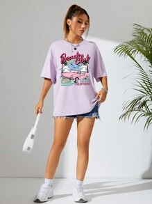 INAWLY Women's Palm Tree & Letter Print Round Neck Drop Shoulder Short Sleeve T-Shirt - Purple - View 4