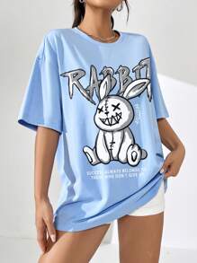 SHEIN EZwear 超大休闲复活节兔子和字母印花圆领短袖 T 恤，适合夏季，男女通用 - 淺藍色 - 查看 1