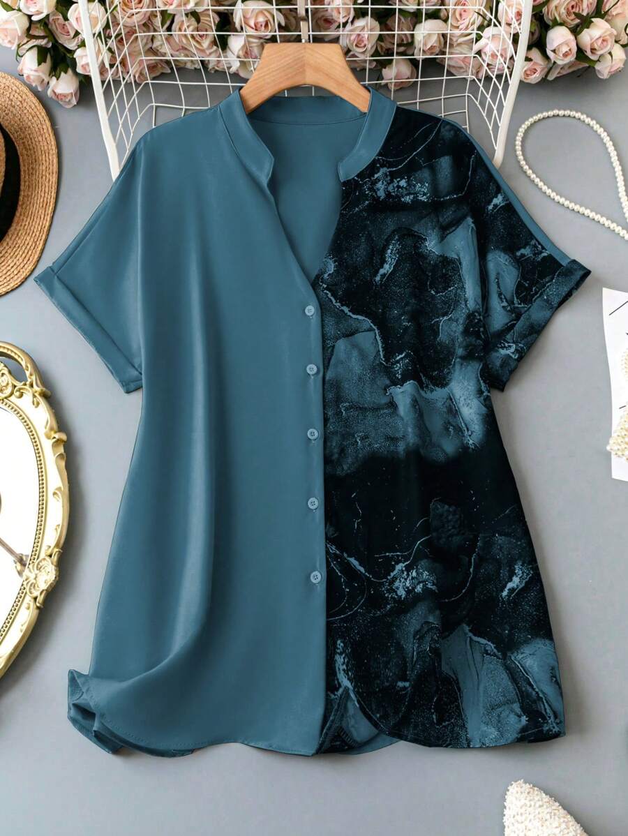 SHEIN LUNE Plus Size Women Summer Color-Block Notched V-Neck Short Sleeve Blouse