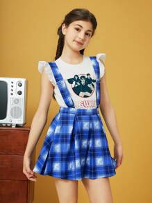 HARRY POTTER X SHEIN Cô gái Tween Phong cách Preppy In Tartan Váy yếm - Màu xanh lam - Xem 5