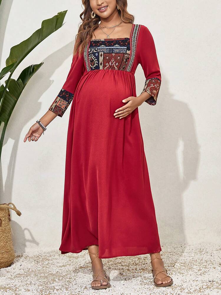 Maternity Patchwork Plant Printed Square Neckline Dress