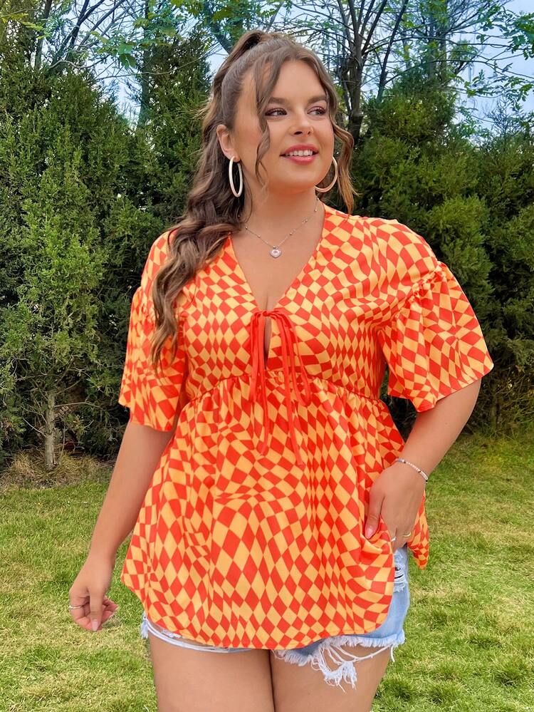 Plus Size Checkerboard Collared Button Up Shirt With Knot