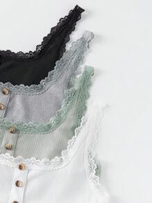 Lunelith SHEIN Lunessa Top canottiera semplice con bottoni e profili in pizzo per signora, adatto per l"abbinamento in primavera ed estate