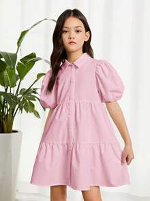 SHEIN Tween Girl's Woven Collared Button-Down Bubble Short Sleeve Dress - Baby Pink - View 5