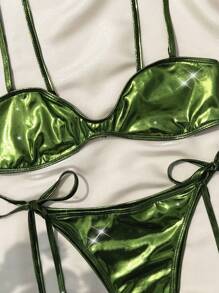 Swim SXY Conjunto de bikini unicolor de textura metálica para mujeres de playa en verano (Micro bikini)