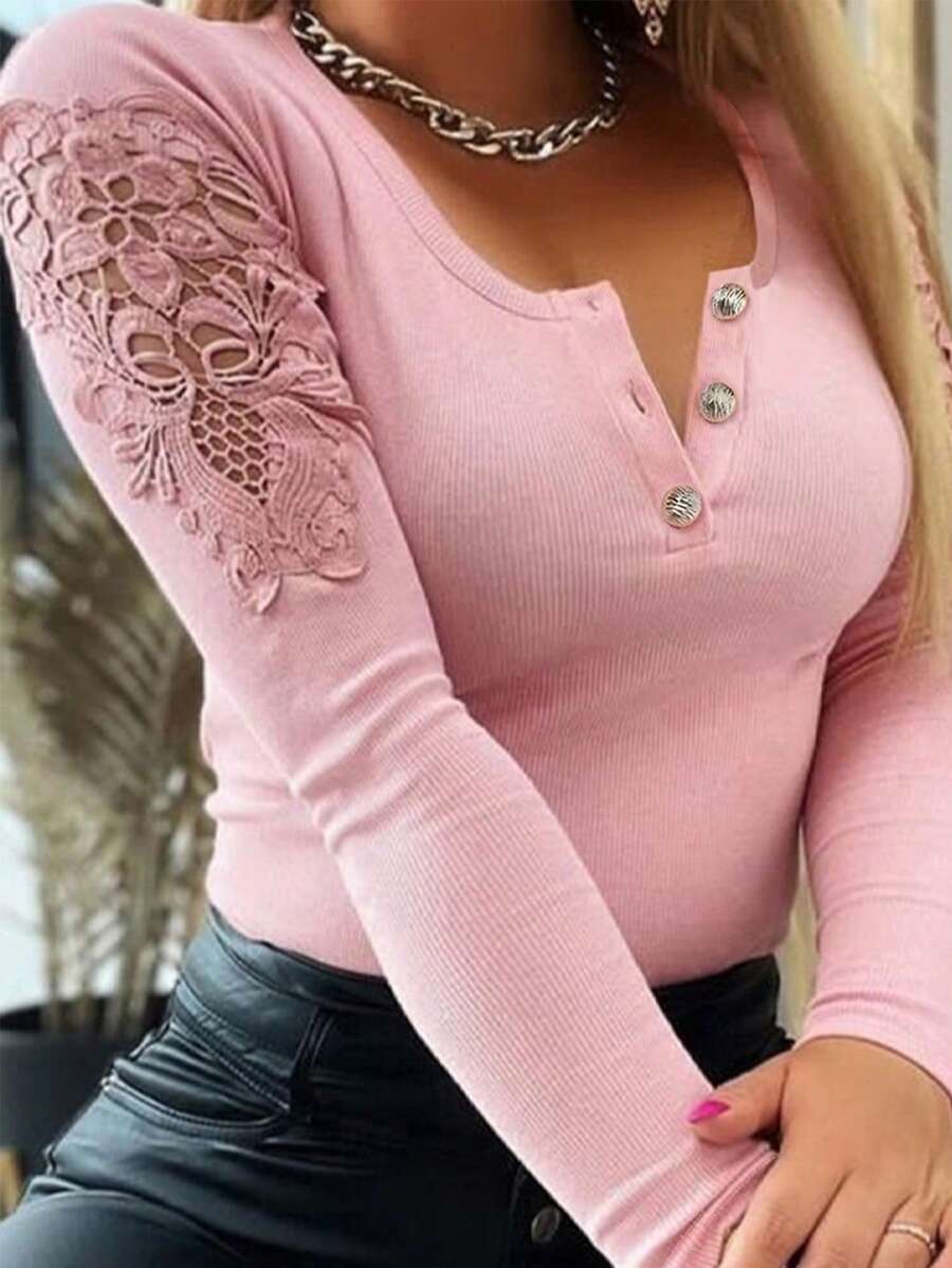 ChicMe Lace Panel Long Sleeve Tops Button Half V Neck Slim Fit Basic Casual Daily Wear - Pink - View 1