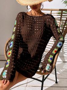 SHEIN Swim Solid Color Floral Print Round Neck Dress Cover Up Summer - Coffee Brown - View 6