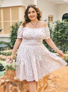 Dreamara Vestido romántico de línea A estampado con flores rosadas, de hombros descubiertos, con mangas con volantes y cintura ajustada, para vacaciones en el campo para tallas grandes en verano