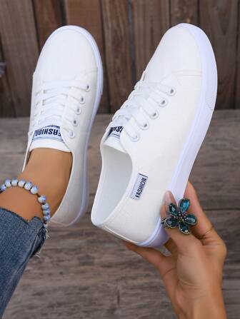 New Plus Size Canvas Shoes, White Fashion Flat Casual Sneakers, Comfortable Student School Shoes With Laces