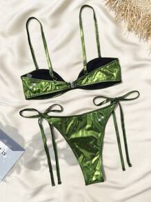 Swim SXY Conjunto de bikini unicolor de textura metálica para mujeres de playa en verano (Micro bikini)