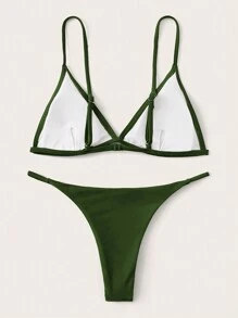 SHEIN Swim 實心低腰三角杯分體比基尼套裝，夏季沙灘泳裝 - 綠色 - 查看 2