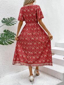 Breezaya Women's Floral Print Ruffle Short Sleeve Dress - Red - View 2