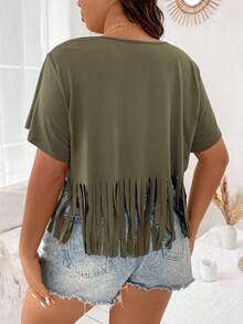 Flirla Camiseta De Rayas De Flecos De Talla Grande Para Mujer, Informal De Verano - Verde militar - Ver 2