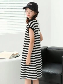 SHEIN Tween Girl Loose Casual Bow Decorated Loose Striped Dress
