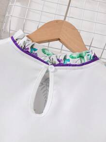 SHEIN Cô gái Tween Hoa In Lỗ tay Ruffle Áo sơ mi Với Nếp uốn Vòng cổ Và Quần Bộ - Màu tím - Xem 4