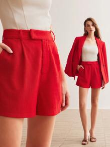 MOTF PREMIUM LINEN WOVEN WOMEN'S PLAIN COLOR SHORTS WITH SLANTED POCKETS - Red - View 10