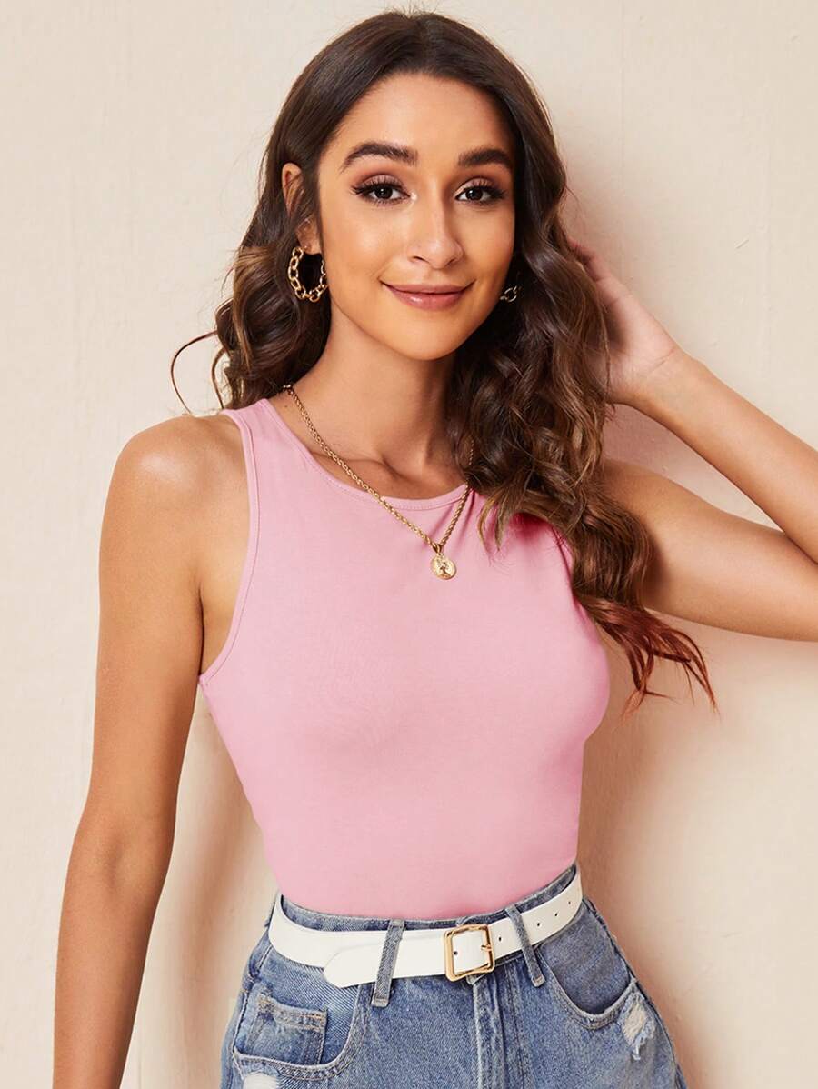 SHEIN Essnce Áo ba lỗ cổ tròn Slim Fit màu trơn dành cho nữ - Màu Hồng baby - Xem 1