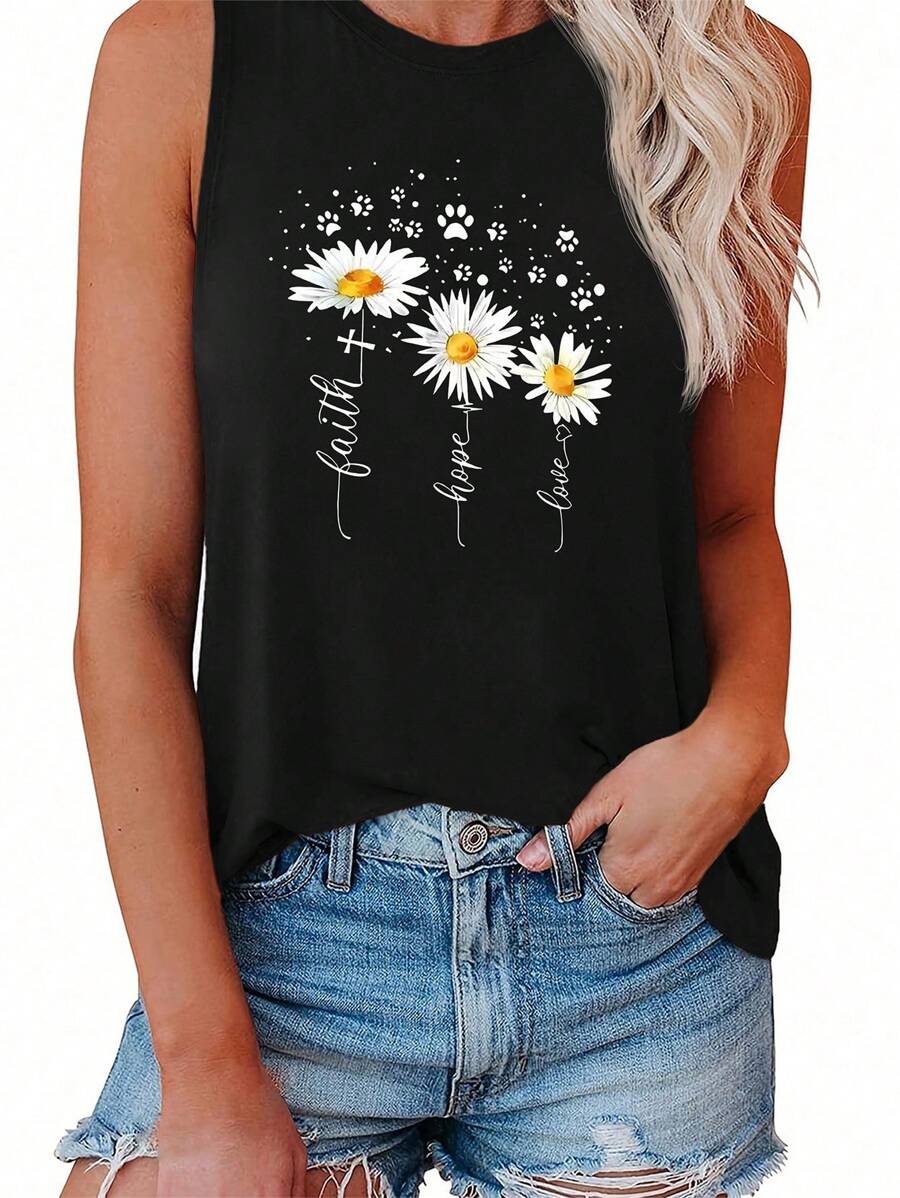 SHEIN LUNE 女士雛菊和字母圖案背心 - 黑色 - 查看 1