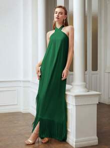 MOTF X Nour PREMIUM SOLID FRINGE HEM CRISSCROSS HALTER DRESS - Green - View 5