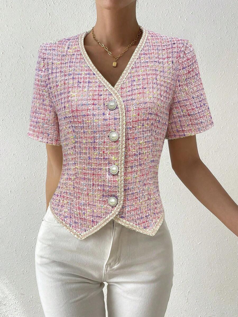 Chiquease Women's Short Sleeve Jacket With Asymmetric Hem, Single-Breasted Closure, Woven Tape Design - Pink - View 1