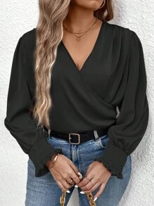 SHEIN Clasi Talla grande Blusa de cuello cruzado de manga farol - Negro - Ver 5