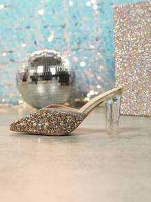 Giày cao gót nữ, giày sandal mũi nhọn đính pha lê, thiết kế mới cho tiệc tùng và mặc ngoài trời linh hoạt, phong cách tươi mới - Màu be - Xem 7